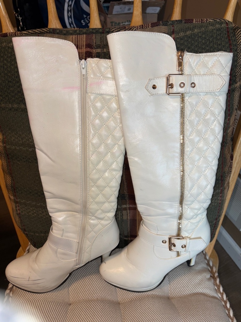 White Quilted Knee-High Buckle Boots